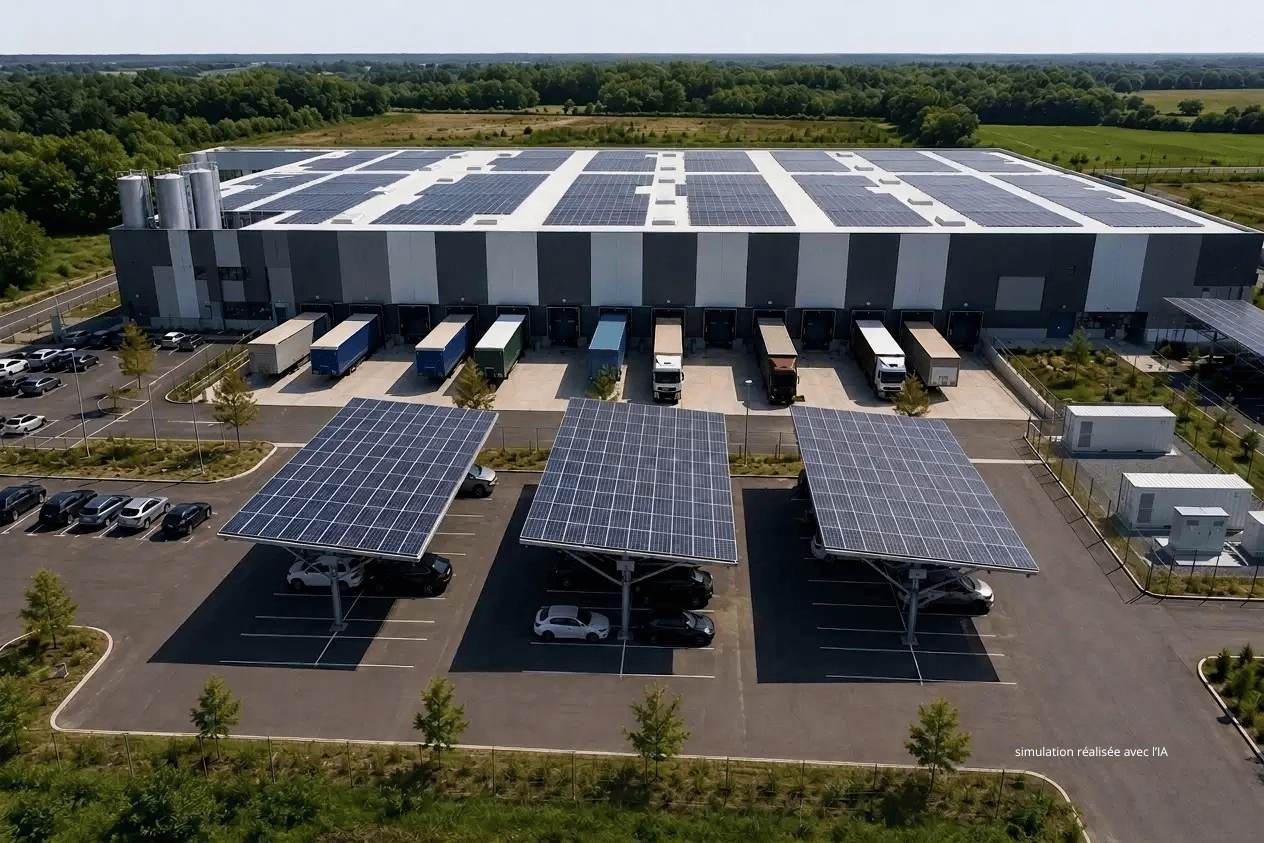 Illustration d’un site logistique équipé de photovoltaïque en toiture et d’ombrières de parking. Simulation réalisée avec l’IA.