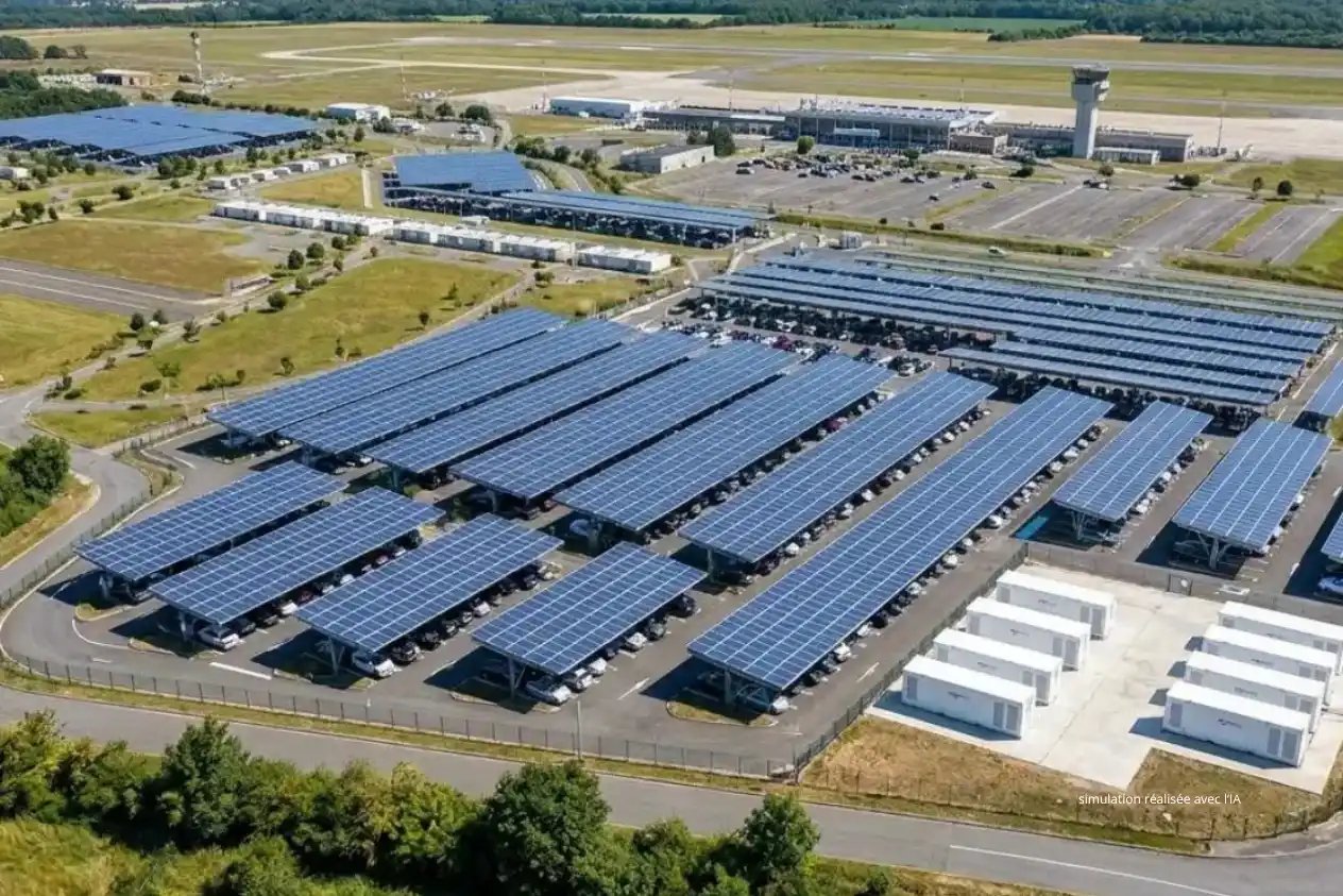 Illustration d’ombrières photovoltaïques sur un parking aéroportuaire. Simulation réalisée avec l’IA.